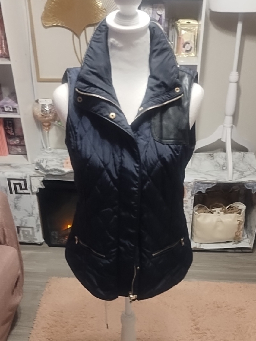 Zara Navy Quilted Sleeveless Vest with Black Trim